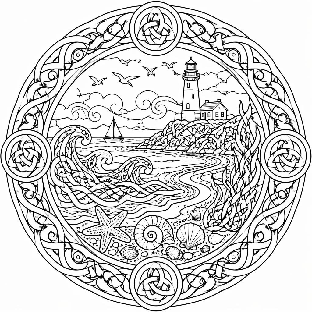 Schwarz-weiße Ausmalbild-Illustration mit filigranen keltischen Knoten im Zentangle-Stil, klaren Konturen und weißen Flächen.