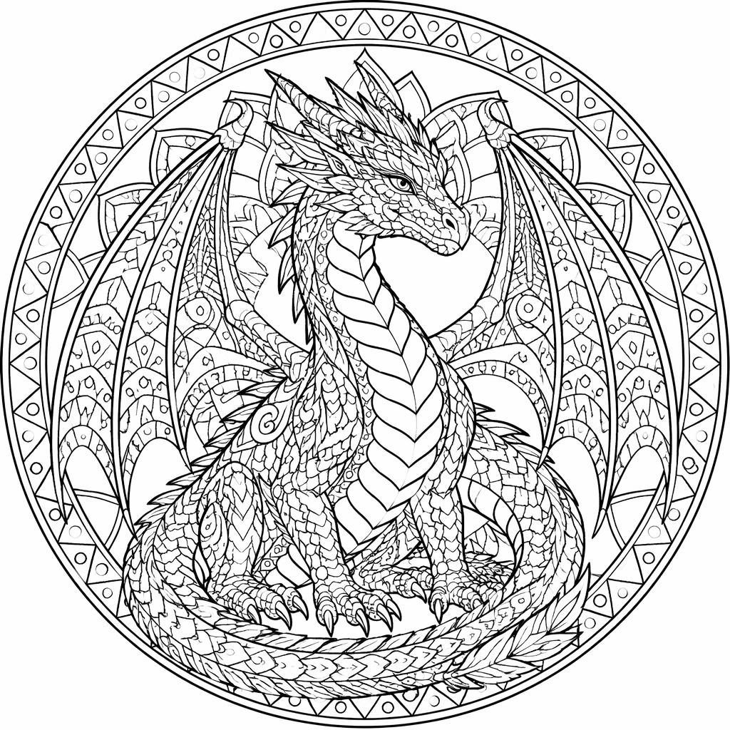 Ilustración en blanco y negro de un dragón de fantasía adulto con detalles geométricos y estilo mandala para colorear.