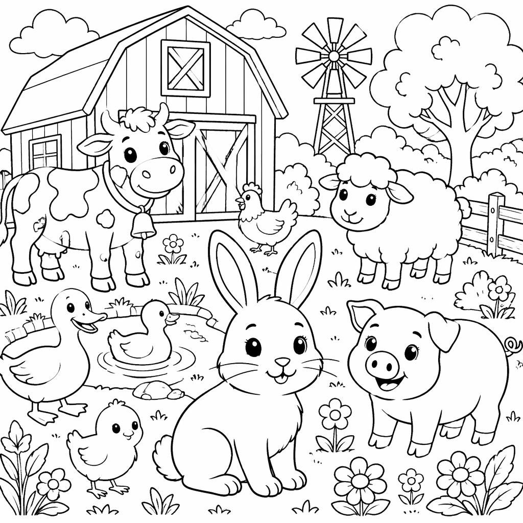 Illustration à colorier en noir et blanc avec lapin et animaux de la ferme, style cartoon mignon pour enfants.