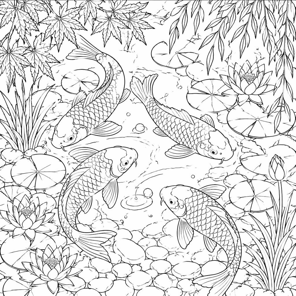 Ilustración en blanco y negro de un estanque koi detallado, con contornos limpios y formas cerradas para colorear.