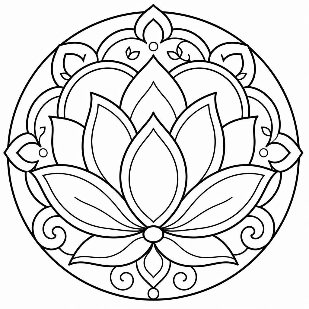 Black-and-white coloring page with a simple mandala lotus in chunky Art Nouveau outlines on a white background.