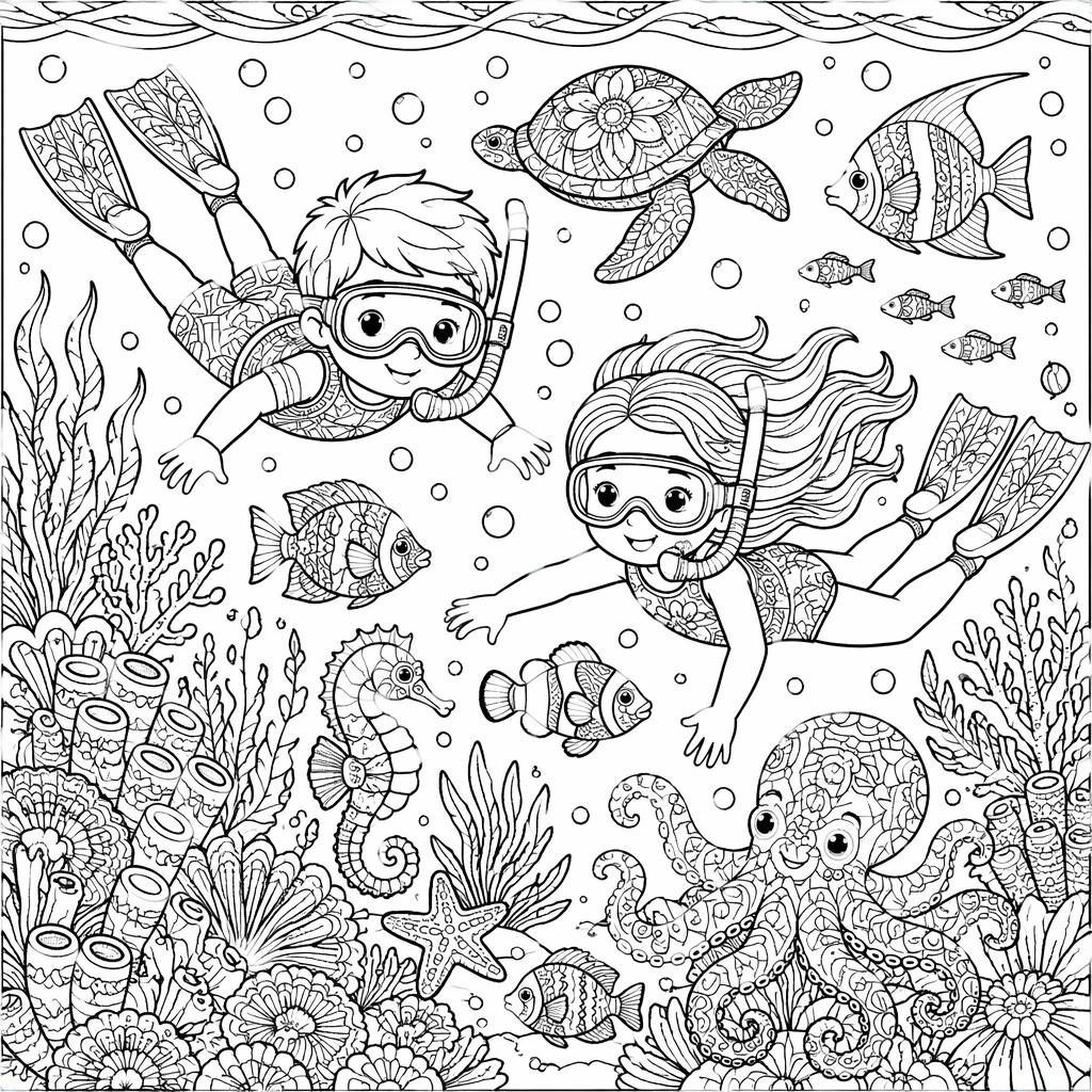 Black-and-white kids coloring page with an underwater ocean scene in detailed mandala-style line art.