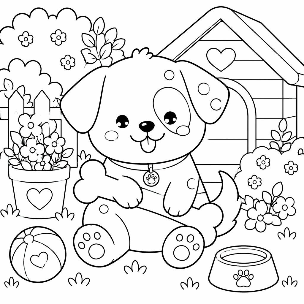 Schwarz-weiße Ausmalbild-Illustration eines süßen Hundes mit Knochen im detailreichen Manga-Linienstil.
