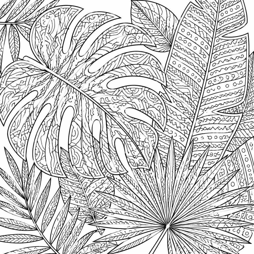 Illustration à colorier en noir et blanc de feuilles tropicales zentangle, contours nets, style détaillé et imprimable.