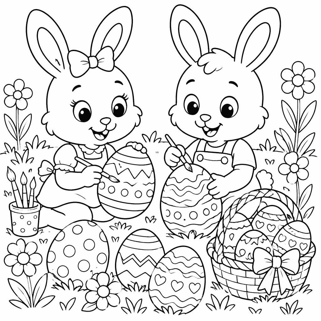 Ilustración para colorear en blanco y negro con conejitos niños y huevos de Pascua, estilo caricatura tierno.
