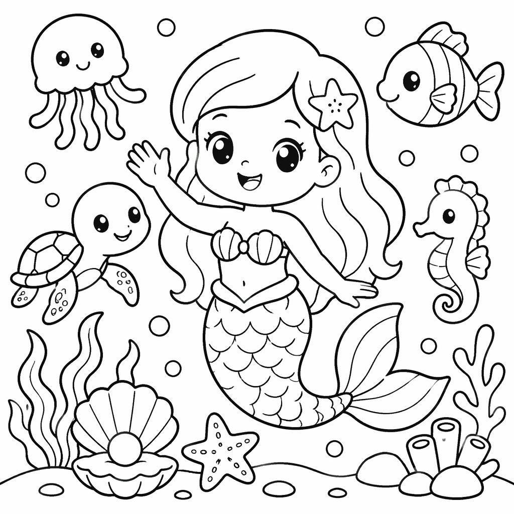 Black-and-white coloring page of a simple cute mermaid under the sea with kid-friendly fish and chunky outlines.
