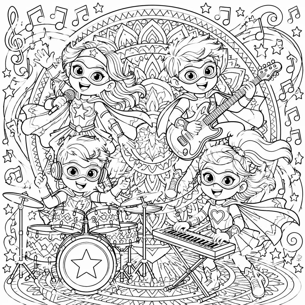 Ilustración para colorear en blanco y negro de niños superhéroes estilo caricatura con detalles intrincados