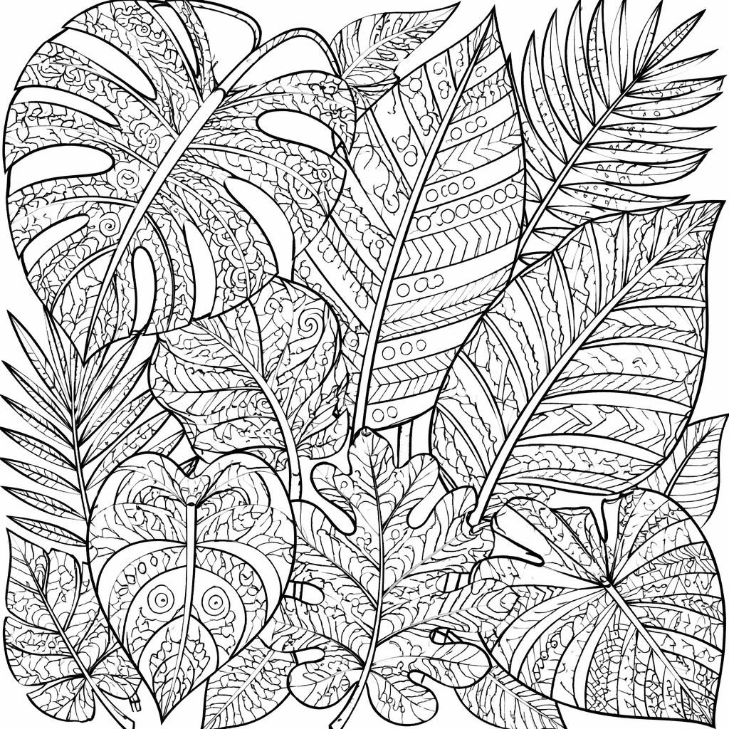 Schwarz-weiße Ausmalbild-Illustration mit tropischen Blättern im Zentangle-Stil, detailreich, klare Umrisse