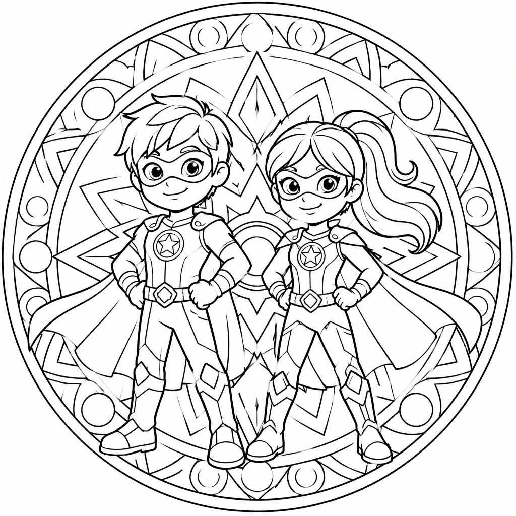 Ilustración para colorear en blanco y negro de niños superhéroes estilo caricatura con detalles geométricos tipo mandala.