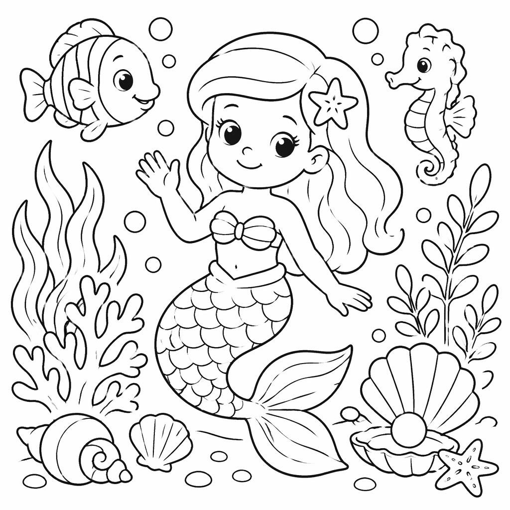 Schlichte Schwarz-Weiß-Ausmalseite mit Meerjungfrau unter Wasser, Fischen, Pflanzen und klaren Konturen.