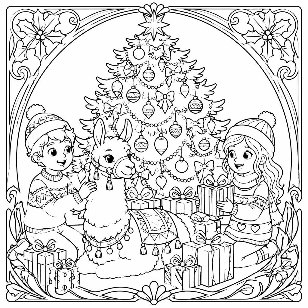 Black-and-white coloring page illustration of: christmas tree and presents kids. Audience: kids 6-10, detailed detail, a
