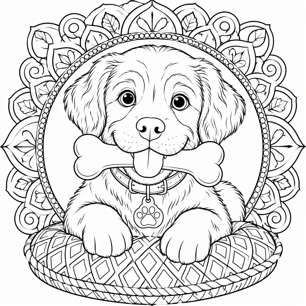 Ilustración para colorear en blanco y negro de un perrito tierno con un hueso, con detalles intrincados y contornos limpios.