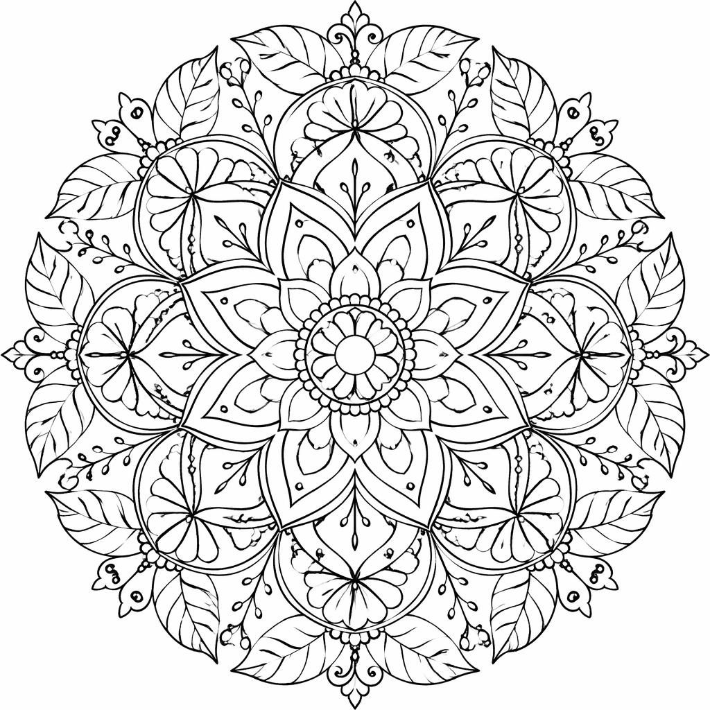 Black-and-white mandala geometric adult coloring page in manga-inspired line art with clean closed shapes on white.