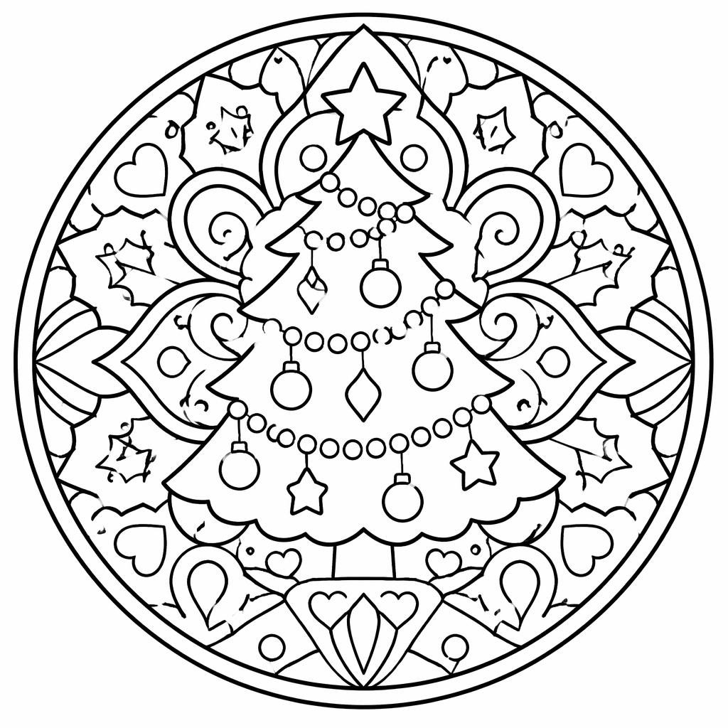 Schwarz-weiße Mandala-Malvorlage mit christbaumartigem Motiv, dicken Konturen und einfachen Formen für Kinder.