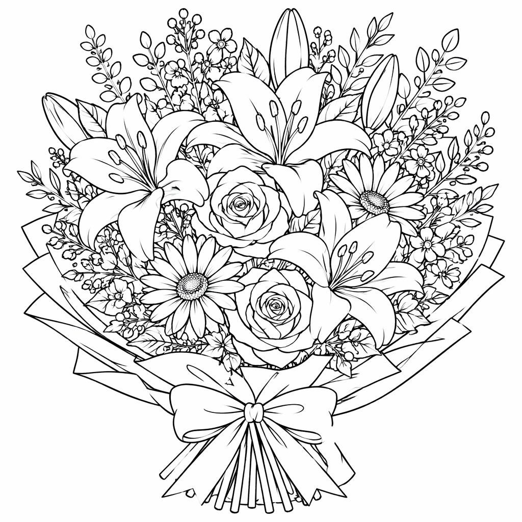 Ilustración en blanco y negro estilo manga de un bouquet de flores detallado para colorear, con contornos limpios.