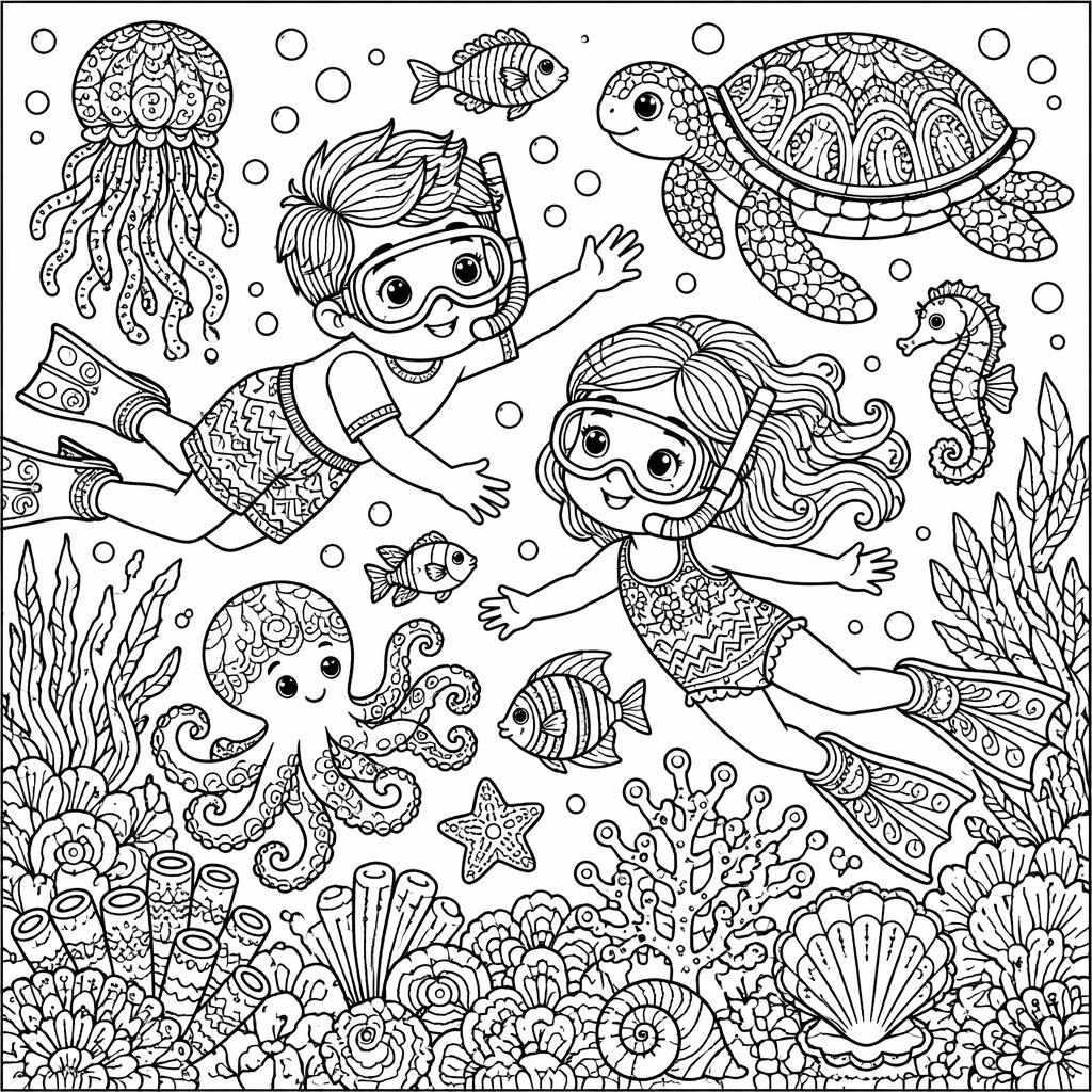 Illustration noir et blanc d’une scène sous-marine pour enfants, avec poissons, coraux et motifs zentangle détaillés.