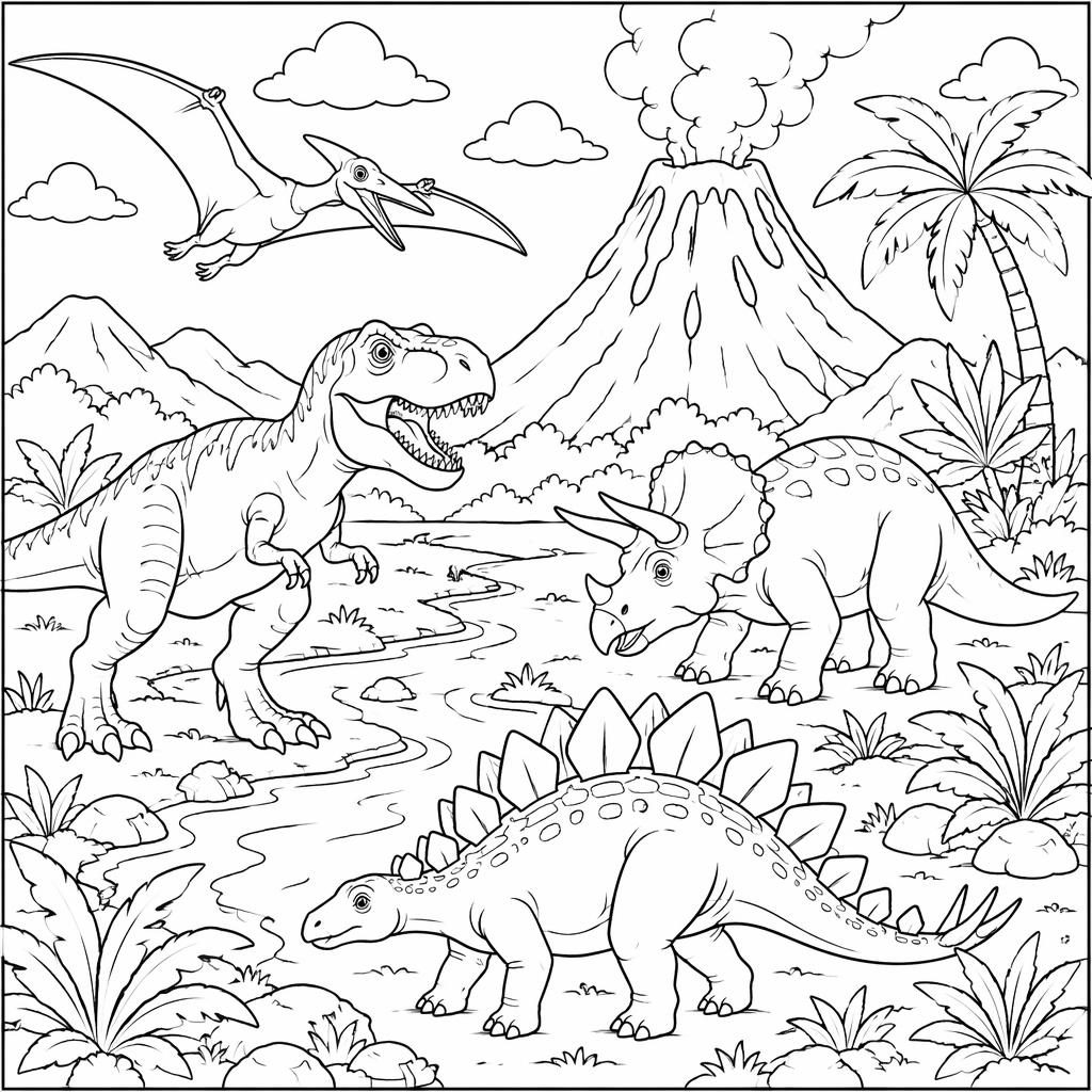 Black-and-white coloring page with kid-friendly dinosaur scenes in clean realistic line art on a white background.