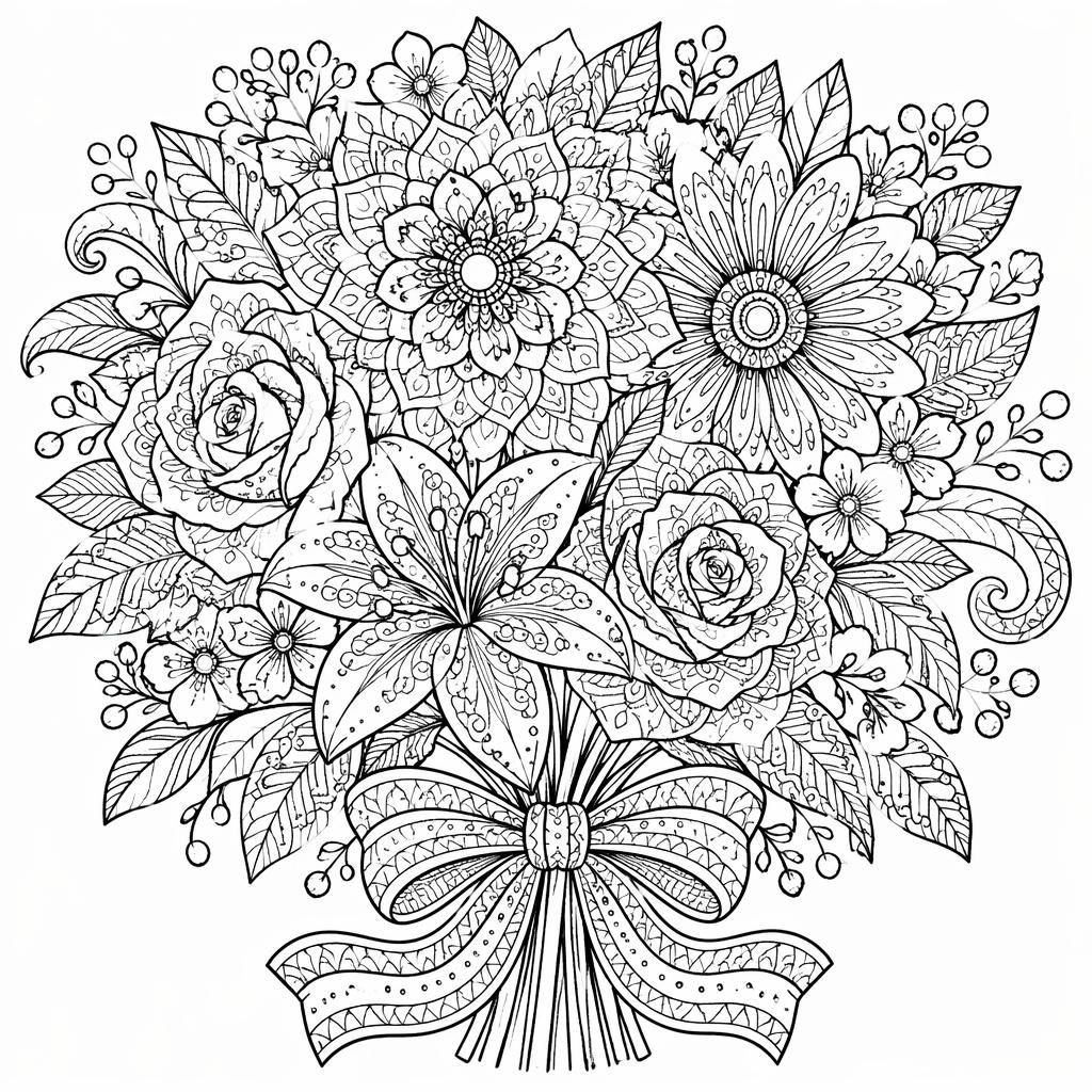Ilustración en blanco y negro de un ramo de flores detallado estilo mandala, con contornos limpios para colorear.