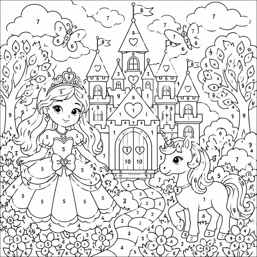 Página para colorear en blanco y negro con castillo de princesa de cuento y detalles intrincados para niños
