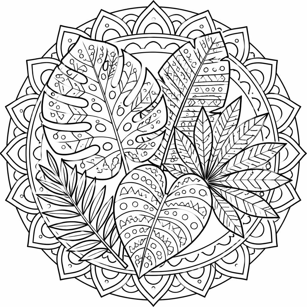 Ilustración en blanco y negro de hojas tropicales estilo zentangle y mandala, con contornos limpios para colorear.