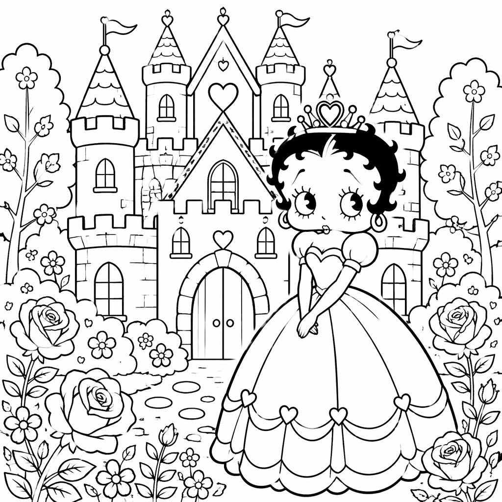 Illustration noir et blanc d’un château de princesse féerique pour enfants, en line art détaillé style botanique.