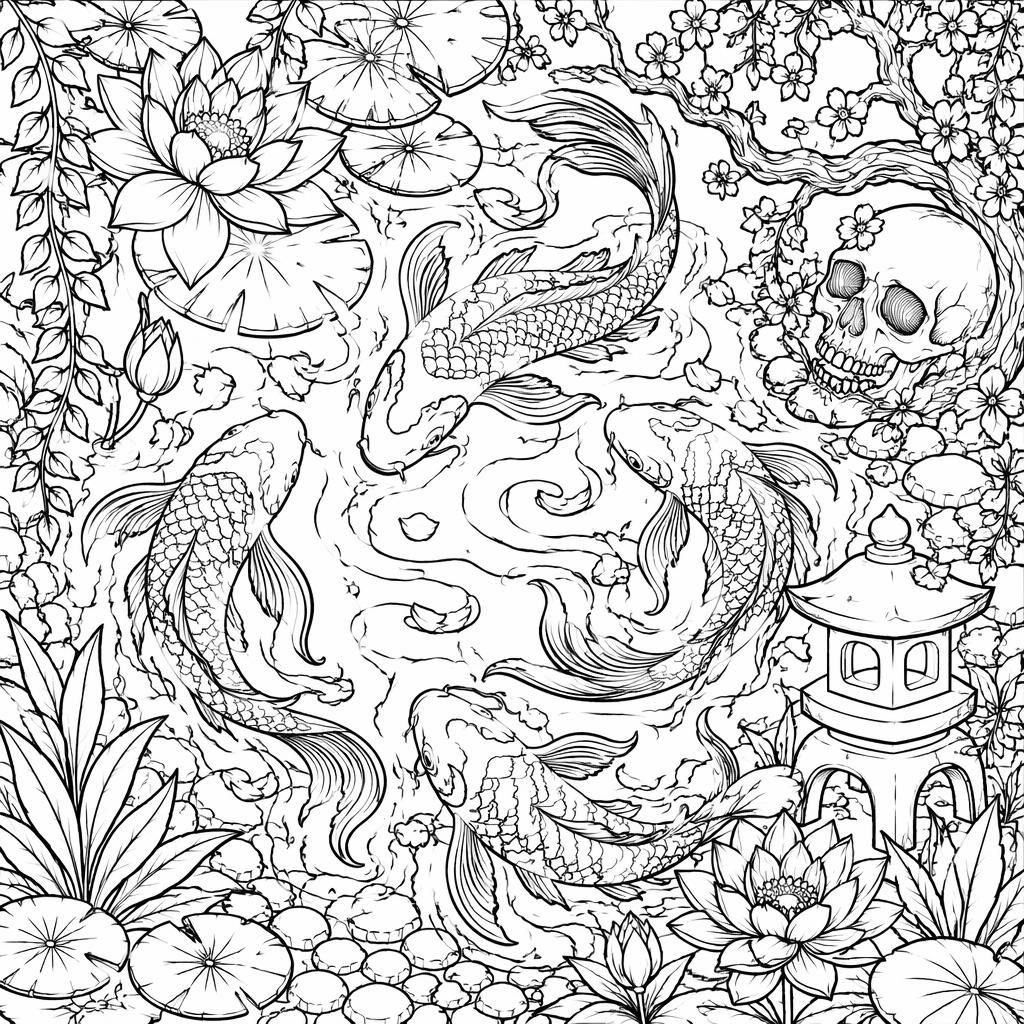 Black-and-white coloring page of a koi pond with simple koi fish, lily pads, and botanical outlines in clean line art.