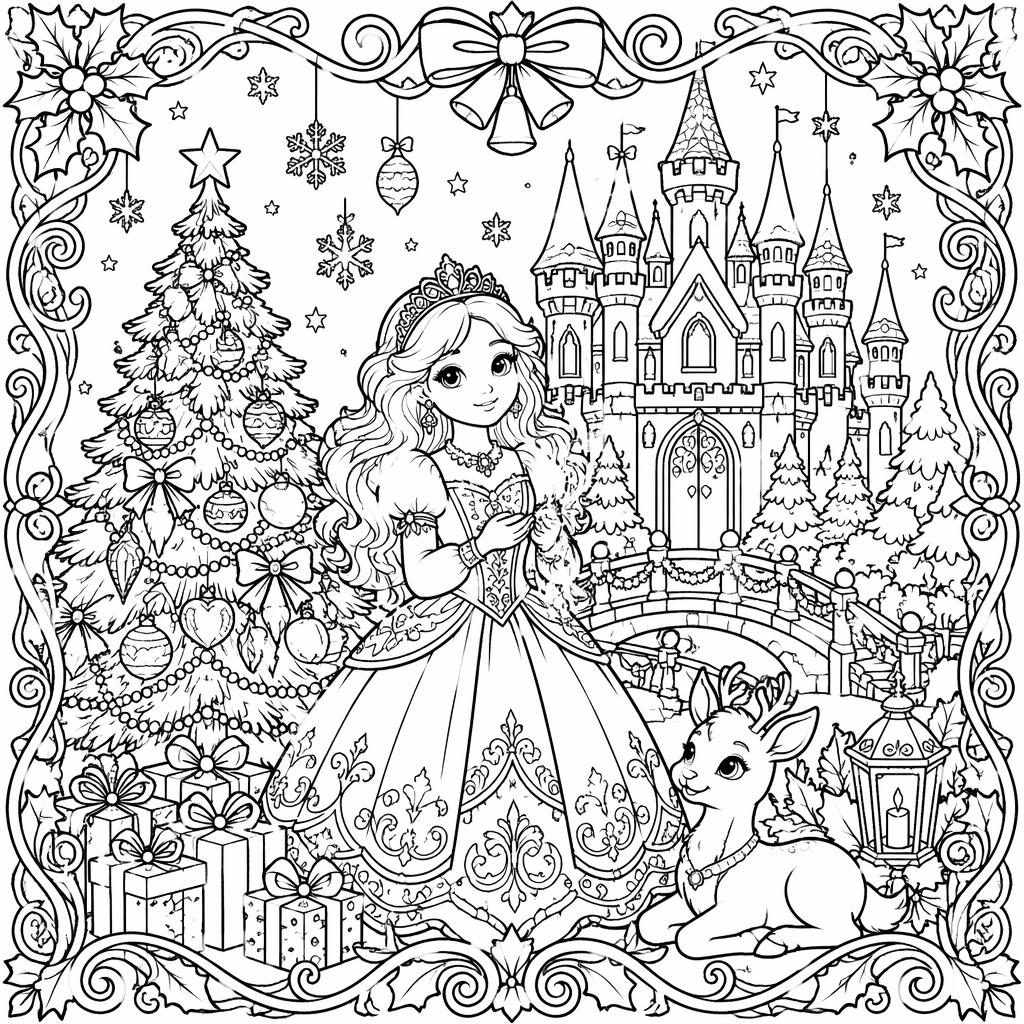 Schwarz-weißes Ausmalbild mit märchenhaftem Prinzessinnenschloss, Kindern und filigranen Ornamenten im Jugendstil