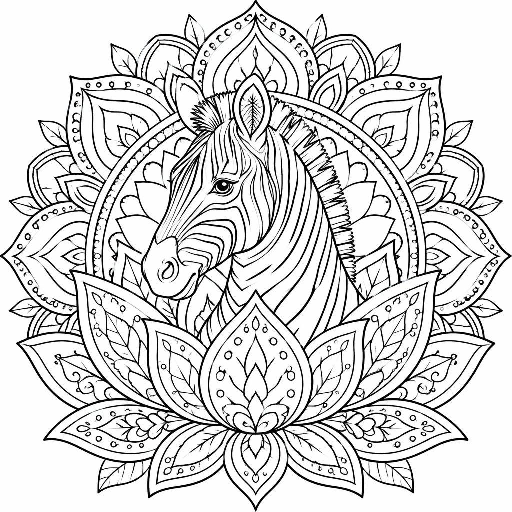 Schwarz-weiße Ausmalseite mit detailreicher Mandala-Lotus-Illustration im Manga-Stil als klare Line-Art