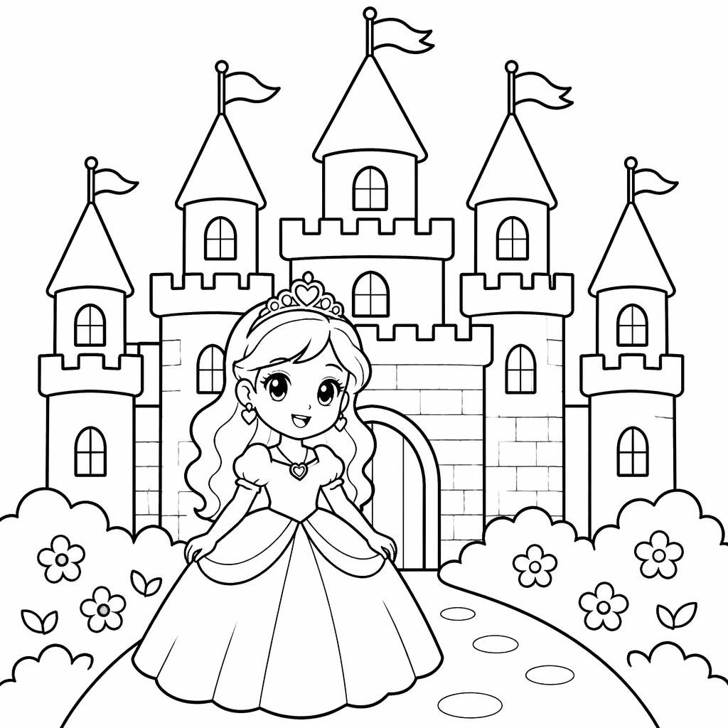 Schwarz-weiße Ausmalseite mit einfachem Märchenschloss im Prinzessinnenstil für Kinder, klare Konturen auf weißem Hintergrund.