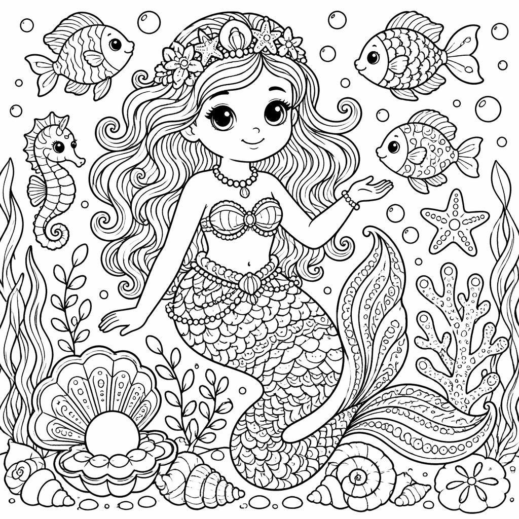 Ilustración para colorear en blanco y negro de una sirena bajo el mar, con detalles tipo mandala y estilo doodle.