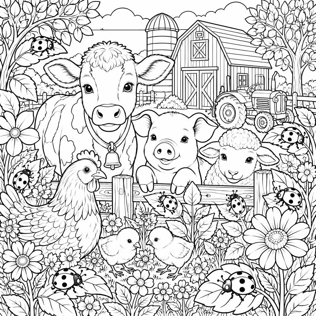 Ilustración para colorear en blanco y negro con animales de granja, mariquitas y detalles botánicos.
