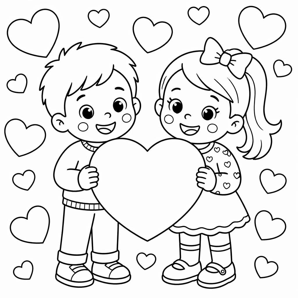 Schwarz-weißes Ausmalbild mit niedlichen Valentinsherzen für Kinder, klare Konturen, kindgerechter Cartoonstil.