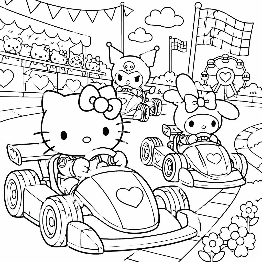 Black-and-white coloring page with kid-friendly racing cars in detailed printable line art on a white background.