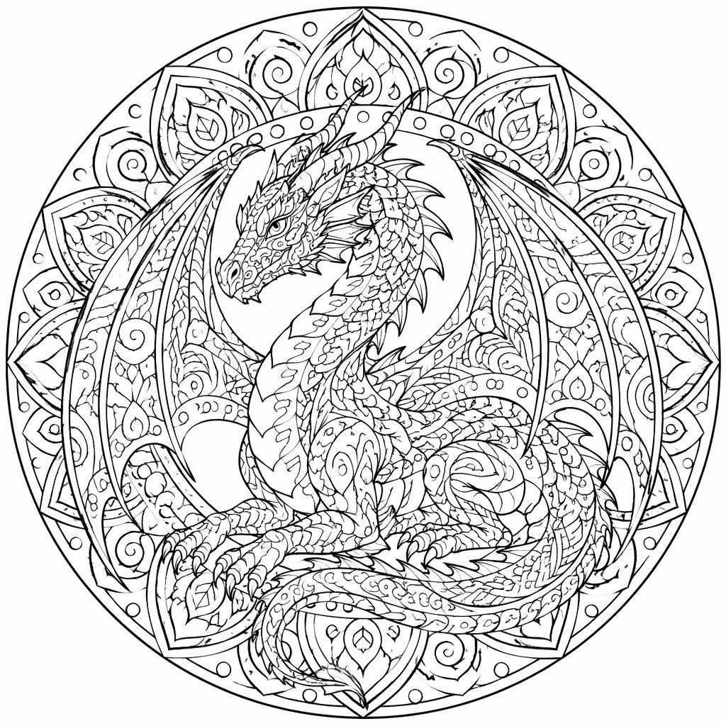 Ilustración para colorear en blanco y negro de un dragón fantástico adulto con detalles zentangle y formas cerradas.