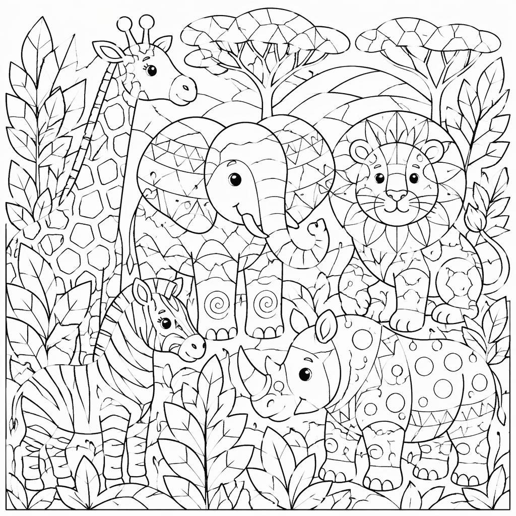 Illustration noir et blanc de coloriage zentangle avec animaux de safari et motifs botaniques, contours nets à imprimer.