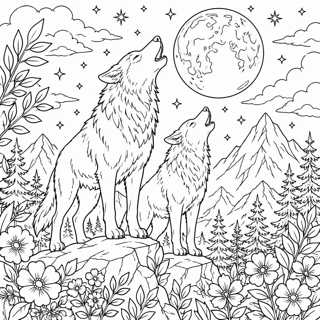 Schwarz-weiße Ausmalseite mit heulenden Wölfen vor großem Mond, botanischen Details und klaren Konturen.