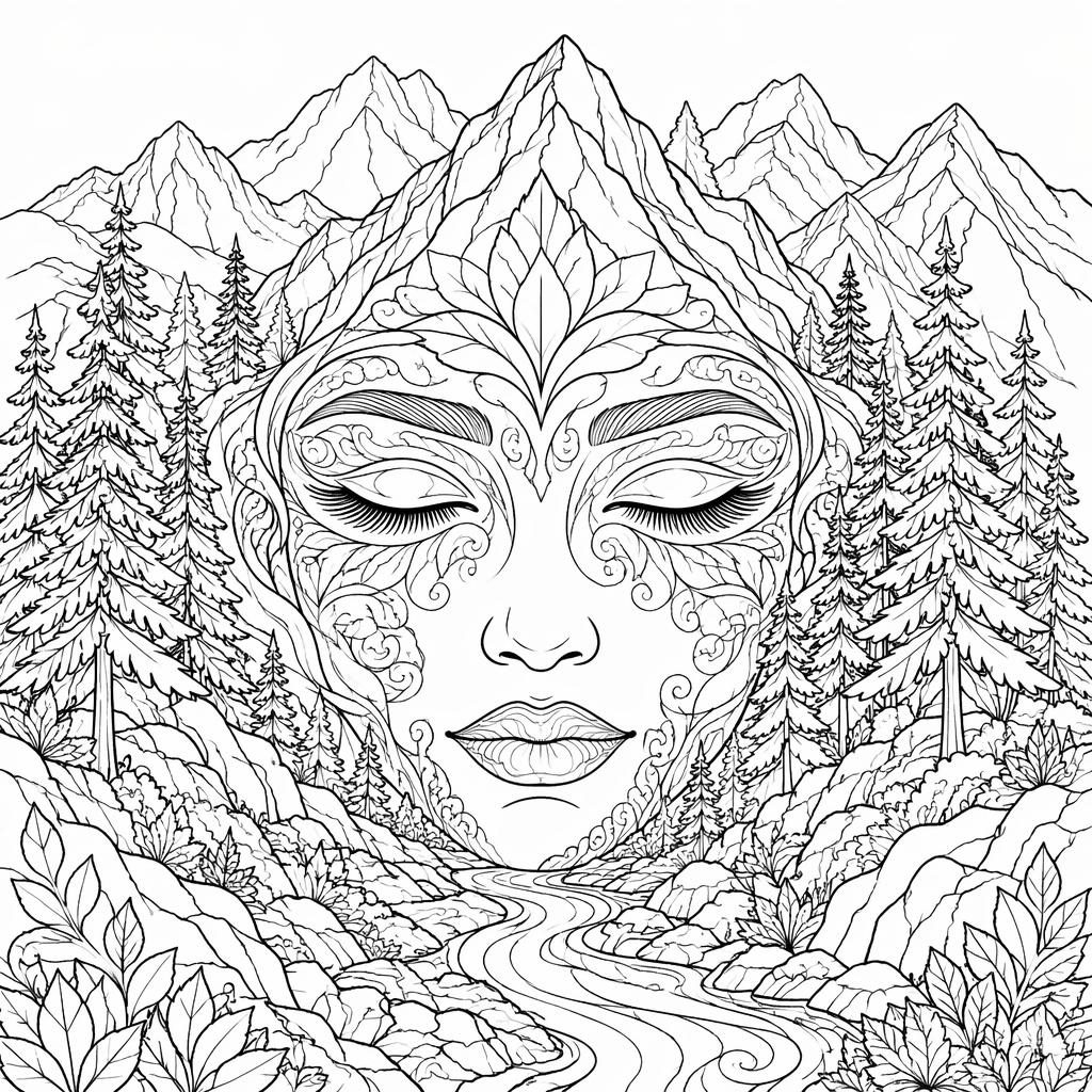 Black-and-white adult coloring page with detailed mountains, pine trees, and intricate line art on a white background.