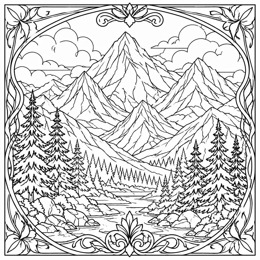 Black-and-white coloring page with detailed mountains and pine trees in an art nouveau line-art style.