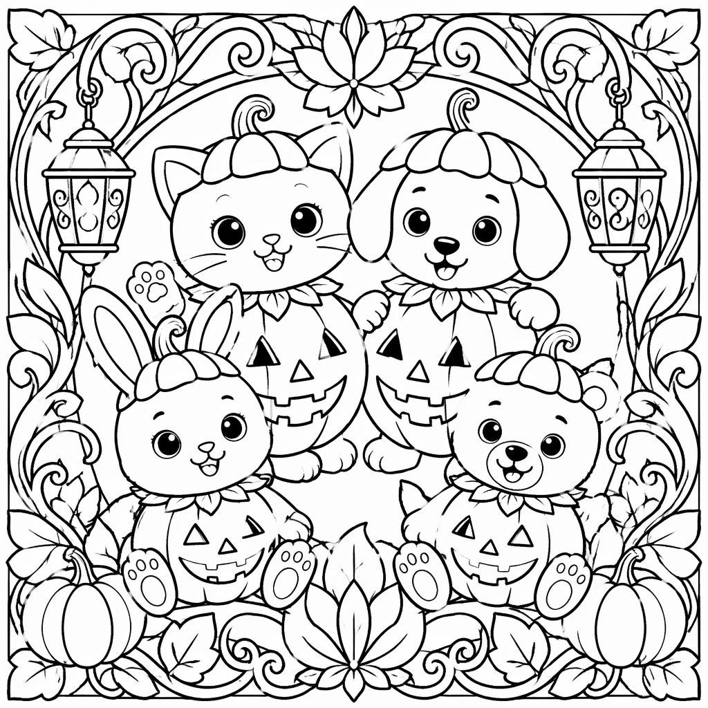 Ilustración para colorear en blanco y negro de niños con una calabaza de Halloween, líneas gruesas y detalles art nouveau.