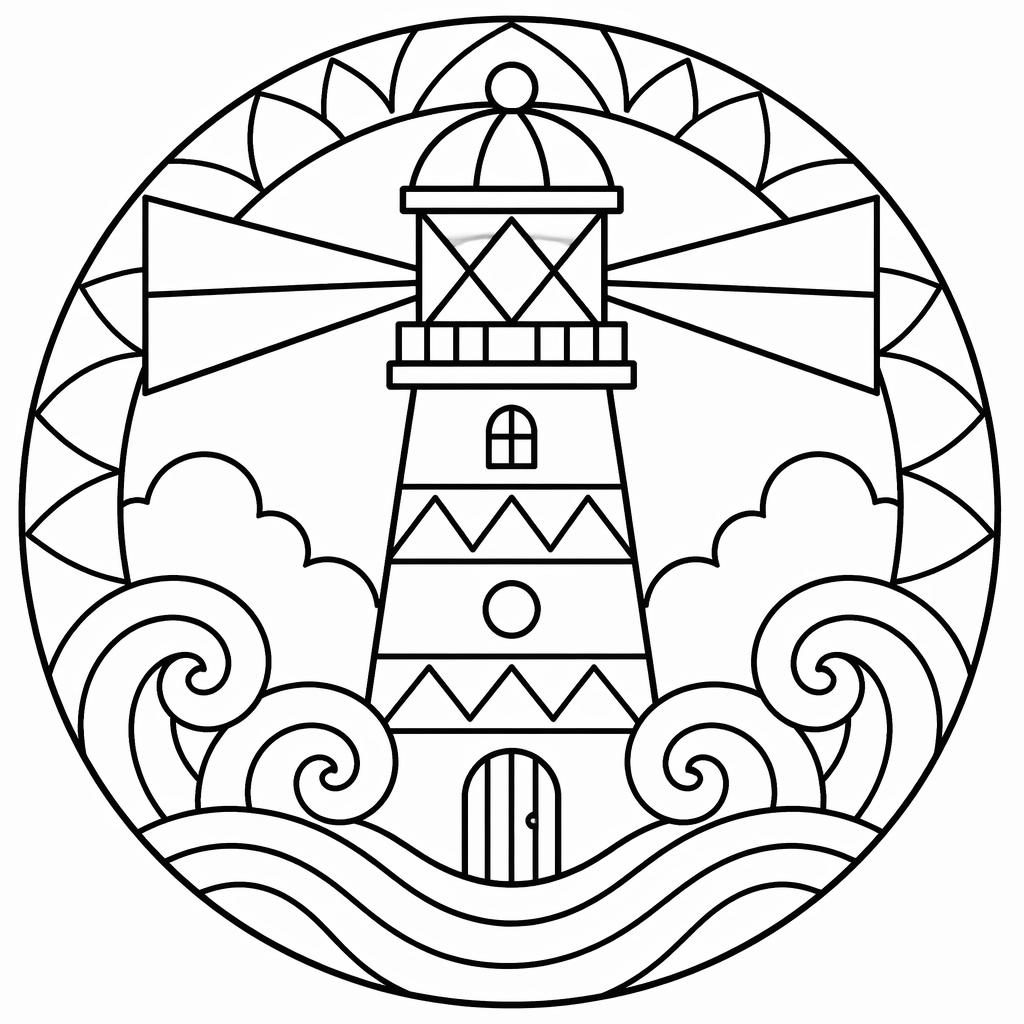 Illustration noir et blanc d’un phare avec vagues, lignes épaisses, style mandala simple pour coloriage enfant