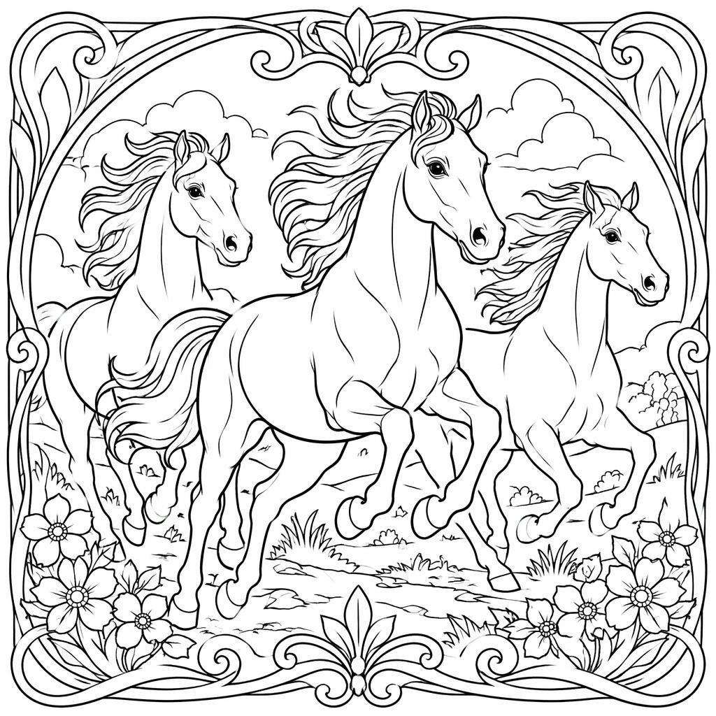 Schwarz-weiße Ausmalseite mit mehreren rennenden Pferden im detailreichen Jugendstil als klare Line-Art.