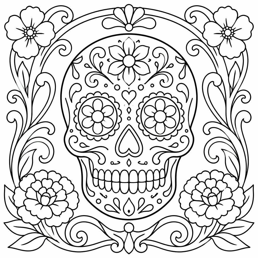 Ilustración en blanco y negro de calavera de azúcar del Día de Muertos, estilo art nouveau, para colorear.