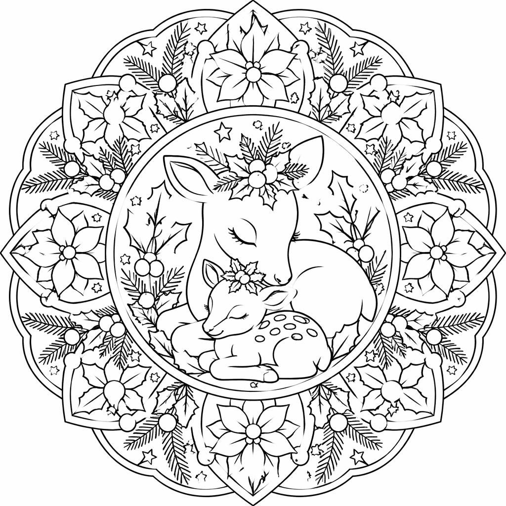 Ilustración para colorear en blanco y negro de mamá y cría de animales con detalles botánicos estilo mandala.