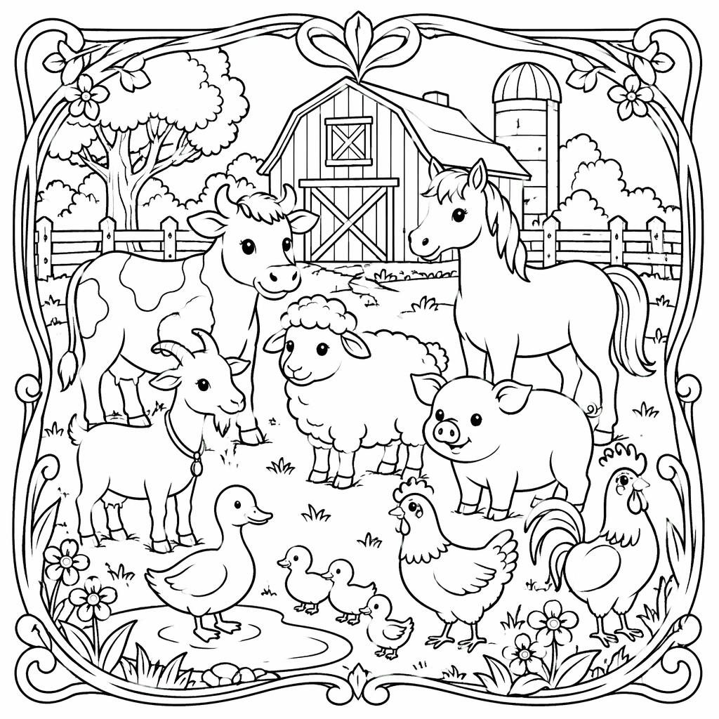 Illustration noir et blanc à colorier avec animaux de la ferme pour enfants, style art nouveau, contours nets