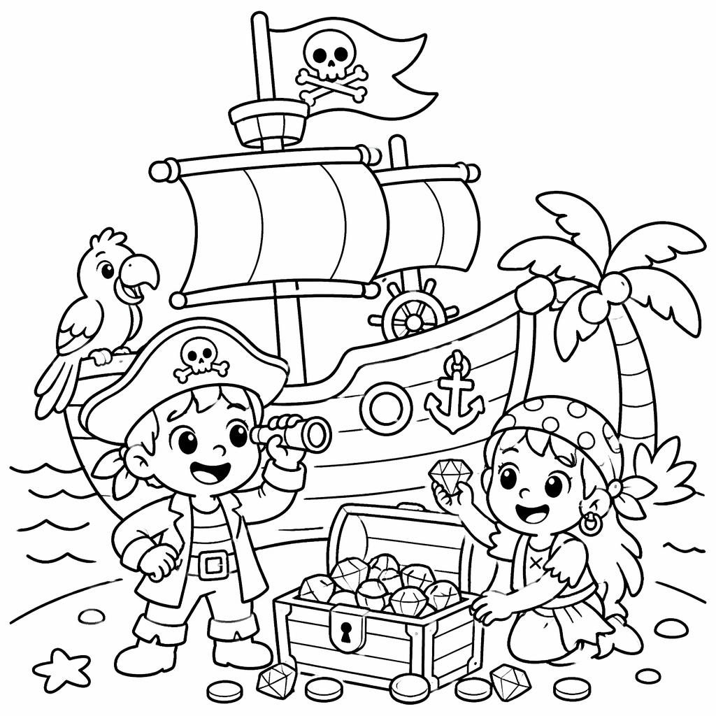 Illustration noir et blanc d’un bateau pirate avec trésor, style manga simple pour enfants, contours épais à colorier.