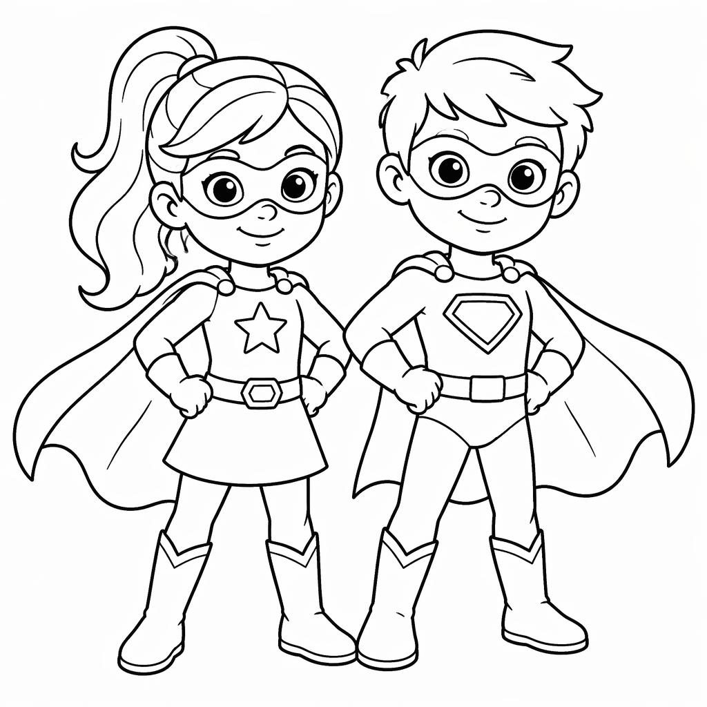 Ilustración para colorear en blanco y negro de niños superhéroes estilo caricatura con contornos limpios.