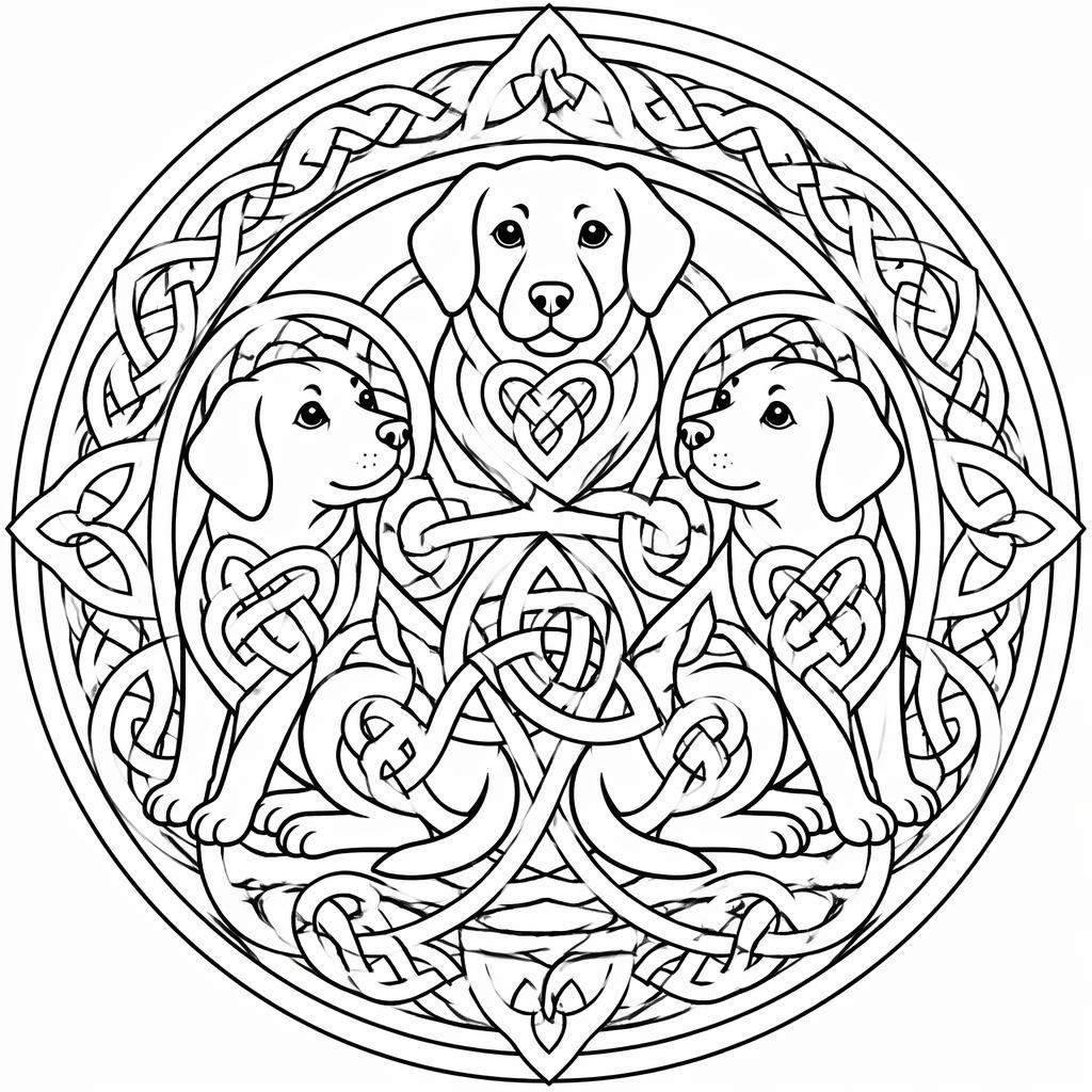 Ilustración para colorear en blanco y negro con nudos celtas intrincados, estilo manga y líneas limpias.