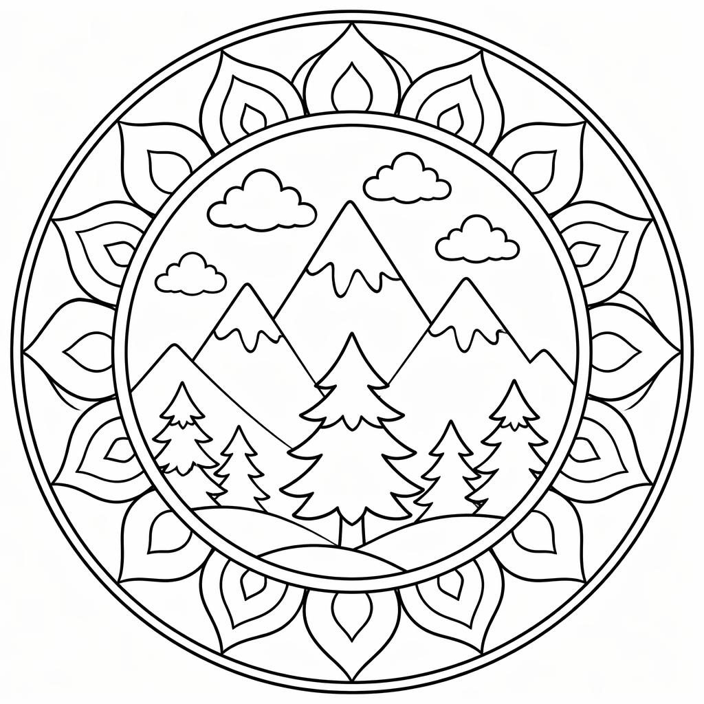 Illustration noir et blanc de montagnes et sapins, style cartoon simple, contours épais, page à colorier imprimable.