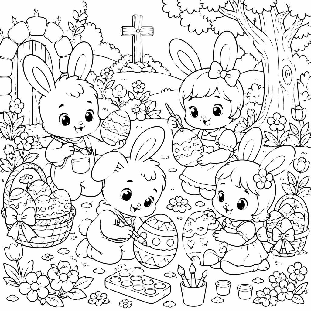 Ilustración para colorear en blanco y negro con huevos de Pascua y conejitos niños estilo manga, líneas limpias.