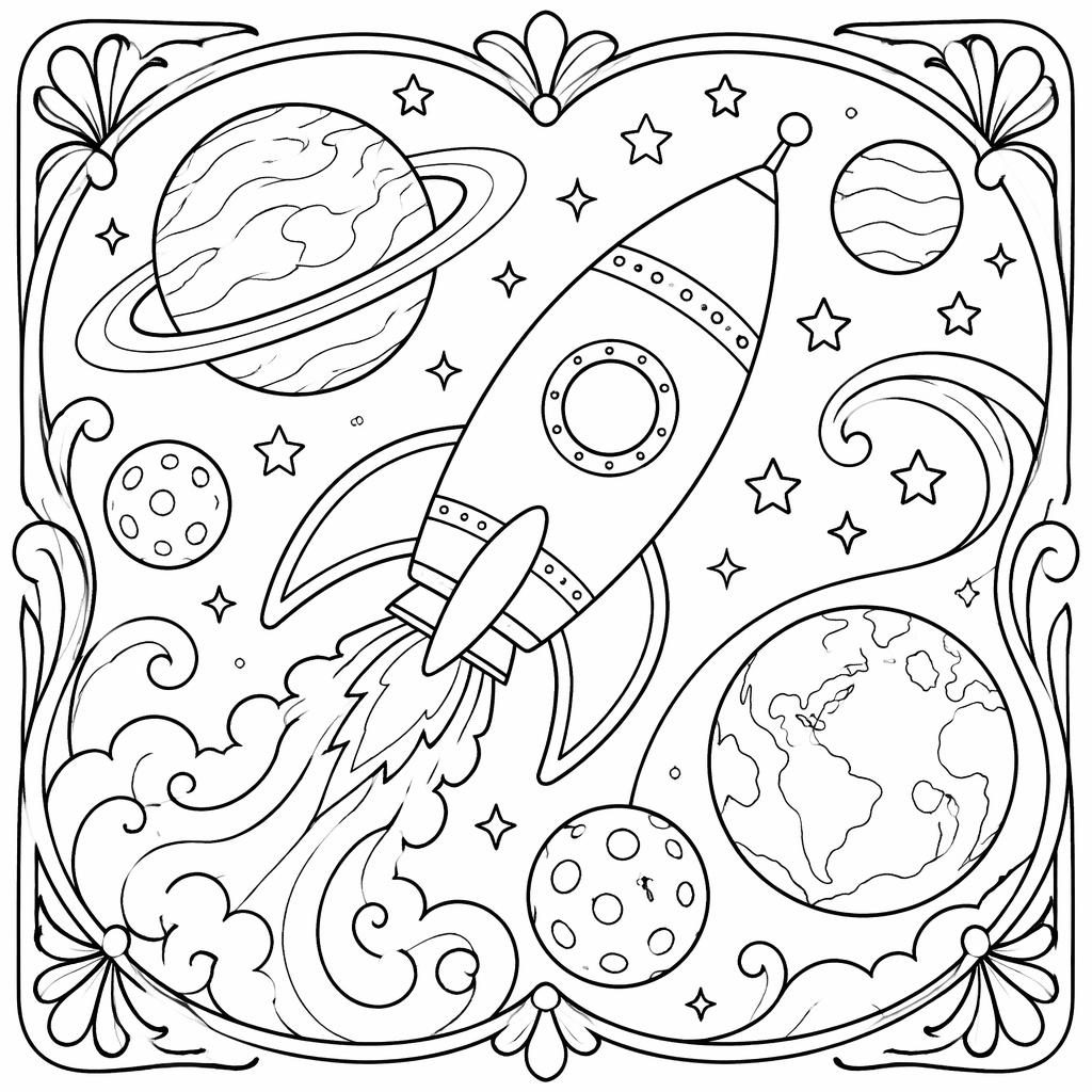 Illustration noir et blanc à colorier avec une fusée, des planètes et des éléments spatiaux pour enfants.